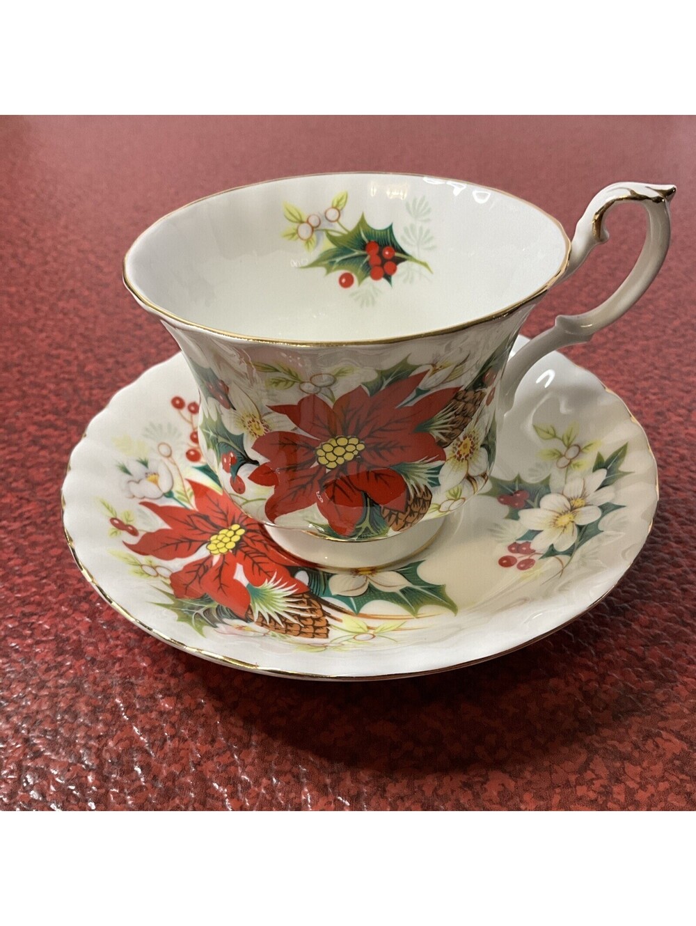 Royal Albert Poinsettia Tea Cup and Saucer England Bone China Christmas
